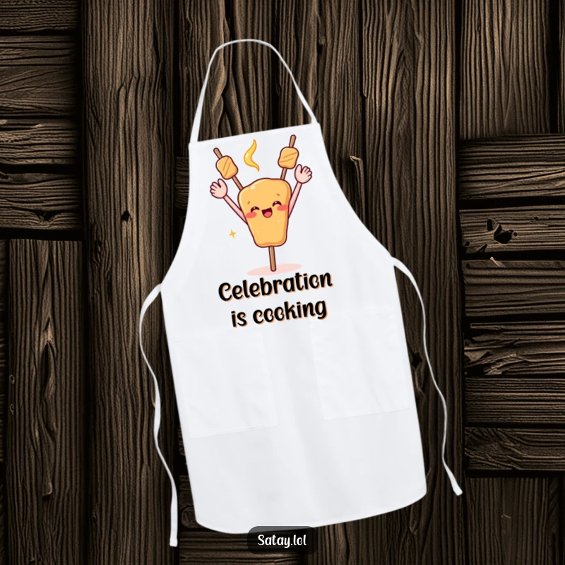 Funny kitchen apron depicting a satay skewer with arms raised in the air, celebrating.