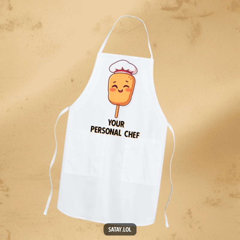 Funny chef apron with a satay skewer character in a chef hat, giving a confident wink while cooking.