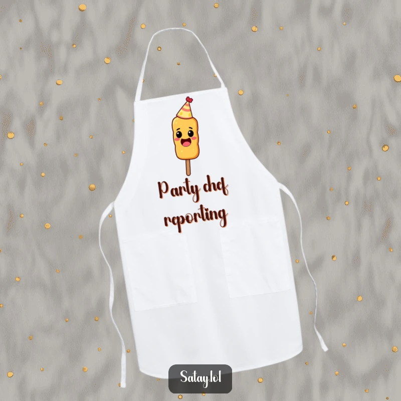 Funny kitchen apron depicting an excited satay skewer wearing a small party hat.