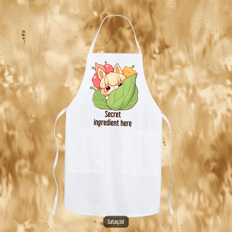 Funny satay apron showing a grinning satay character ready to cook behind a large, leafy garnish.