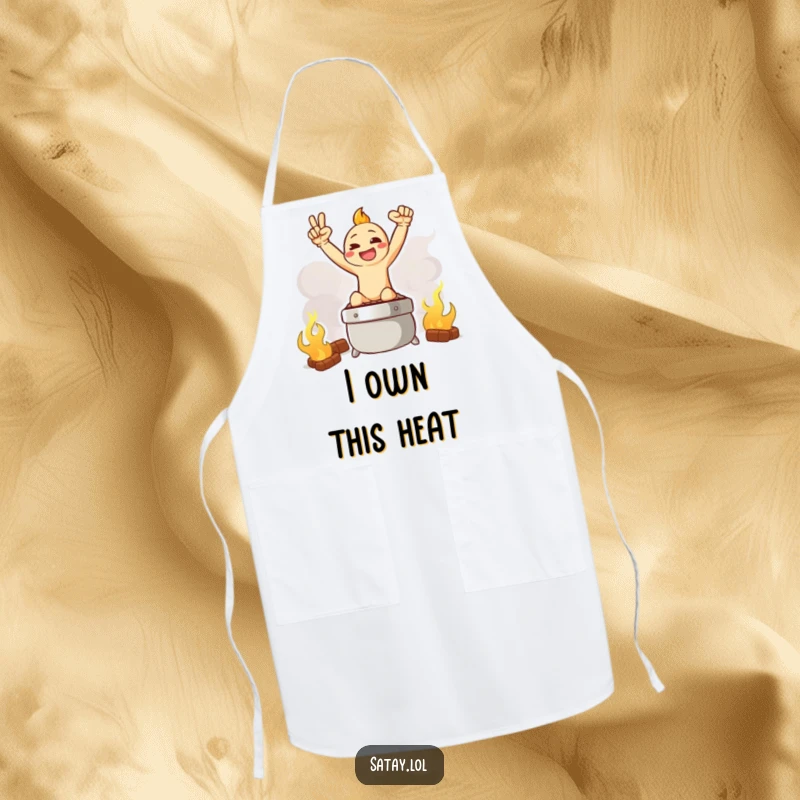 Funny apron with a satay character in a triumphant stance, placed on a backdrop of a smoky grill.