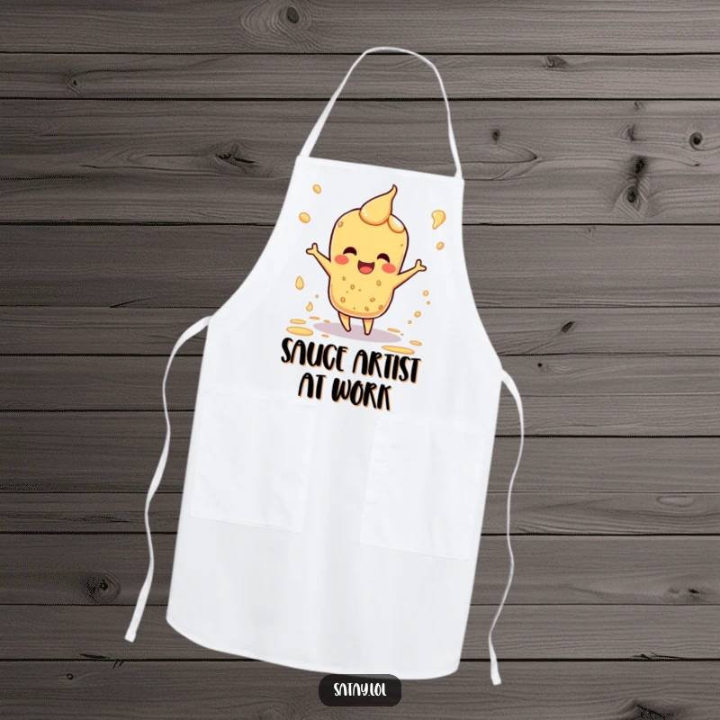 Funny apron with a satay character in a happy dance pose, with sauce splatters around it.