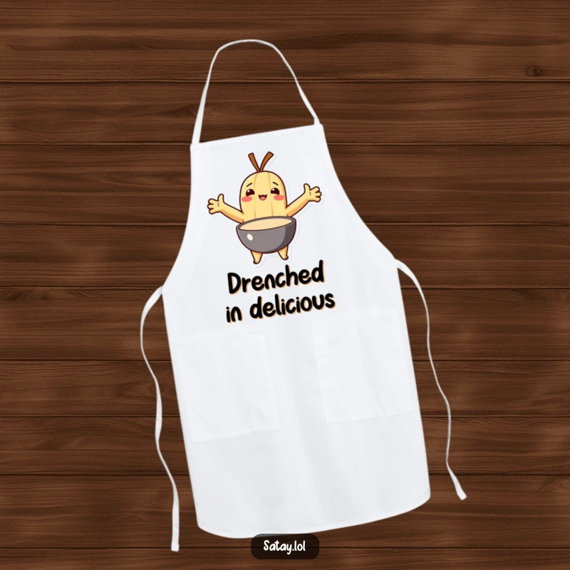 Funny apron with a satay character embracing a bowl of dipping sauce with open arms.