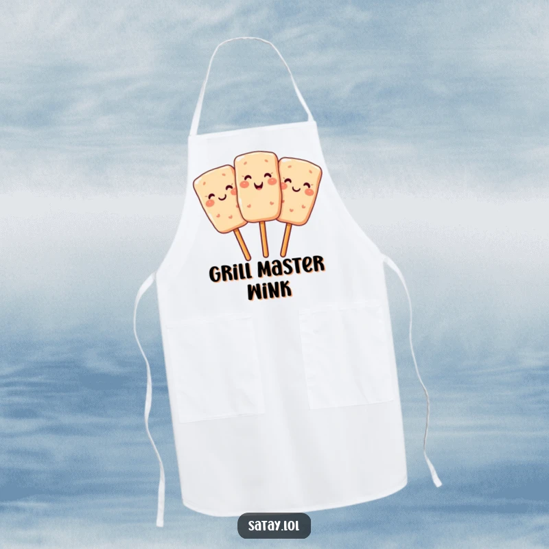 Funny apron with a smiling satay skewer winking, ideal for kitchen fun and food enthusiasts.