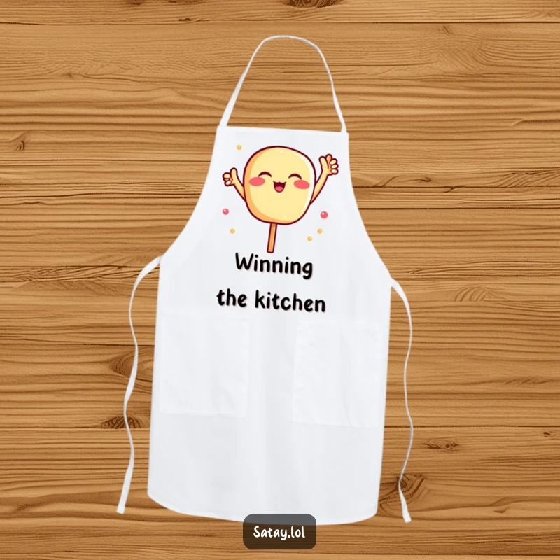 Funny Satay Chef Apron: A happy satay skewer cheers the cook on, adding fun to kitchen duties. Great cooking gift.