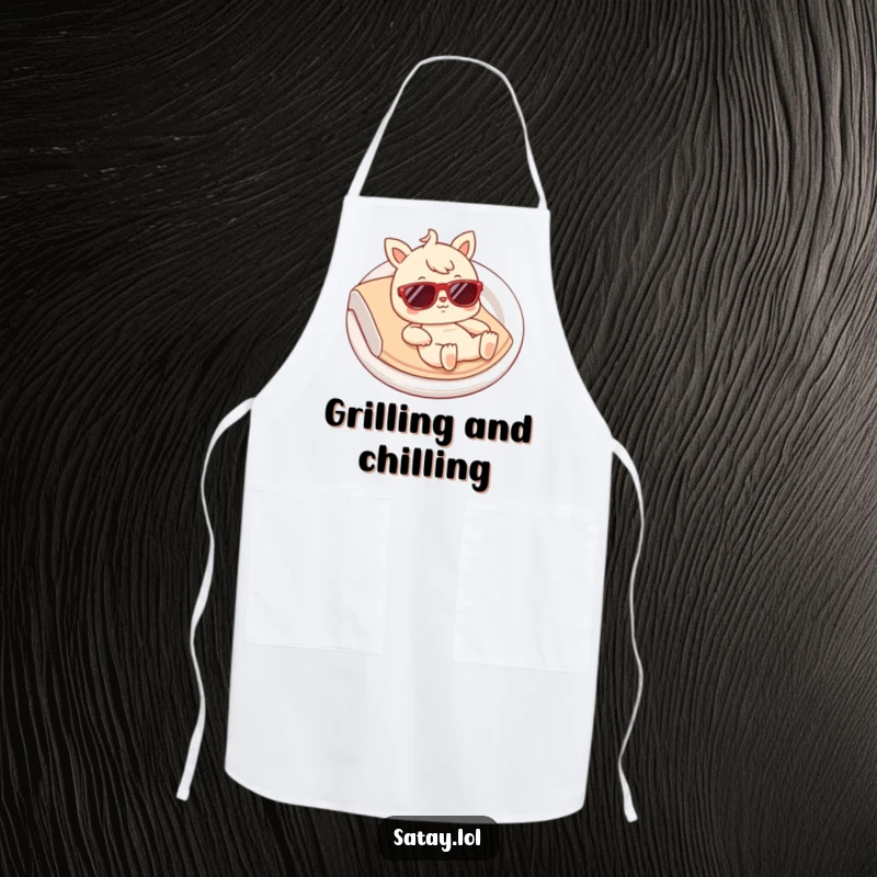 Funny Satay Apron: A humorous cooking apron featuring a satay character with tiny sunglasses, ready for kitchen fun.