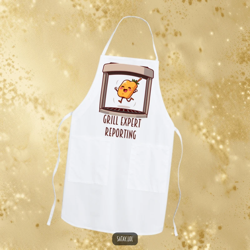 Funny apron depicting a happy satay skewer hopping across a grill, ready for culinary action with a smile.