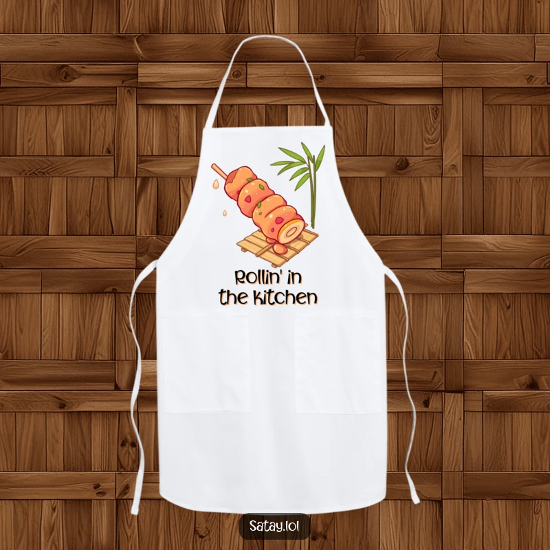 Funny satay skewer apron, depicting a skewer rolling with gusto down a bamboo mat, a humorous and practical kitchen accessory.