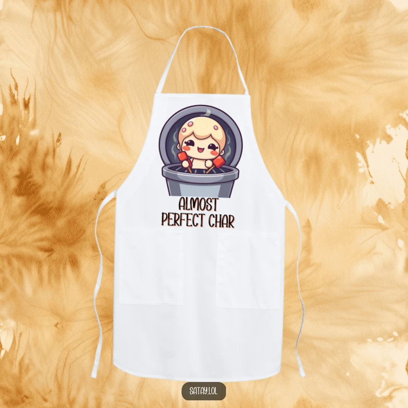 Funny satay skewer character apron, peeking from a grill with a funny face, perfect for chefs who love to make people laugh.