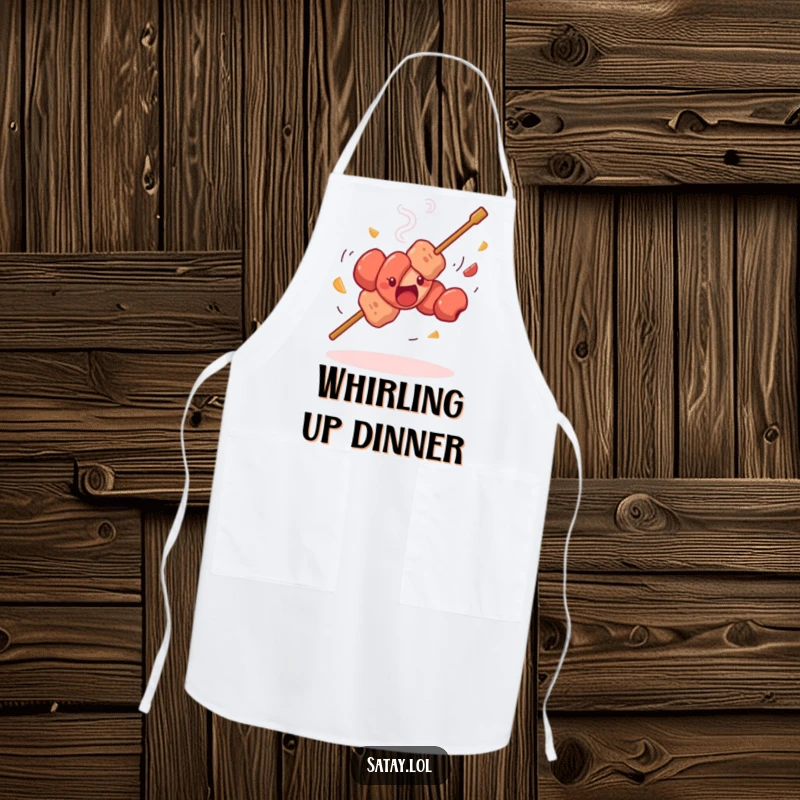Funny satay skewer dancing apron, a skewer doing a silly spin with whirling meat, a humorous and practical kitchen accessory.