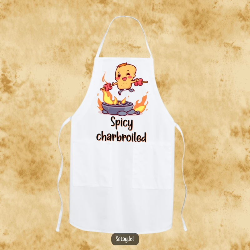 Funny satay skewer character in mid-air, leaping over a burning grill, on a functional and funny apron.