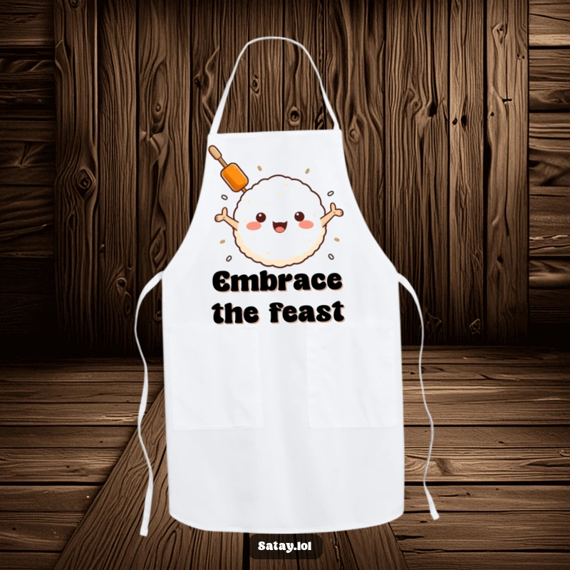 Funny satay skewer and rice ball apron, a skewer embracing a rice ball, functional and humorous kitchen wear for comfort food enthusiasts.