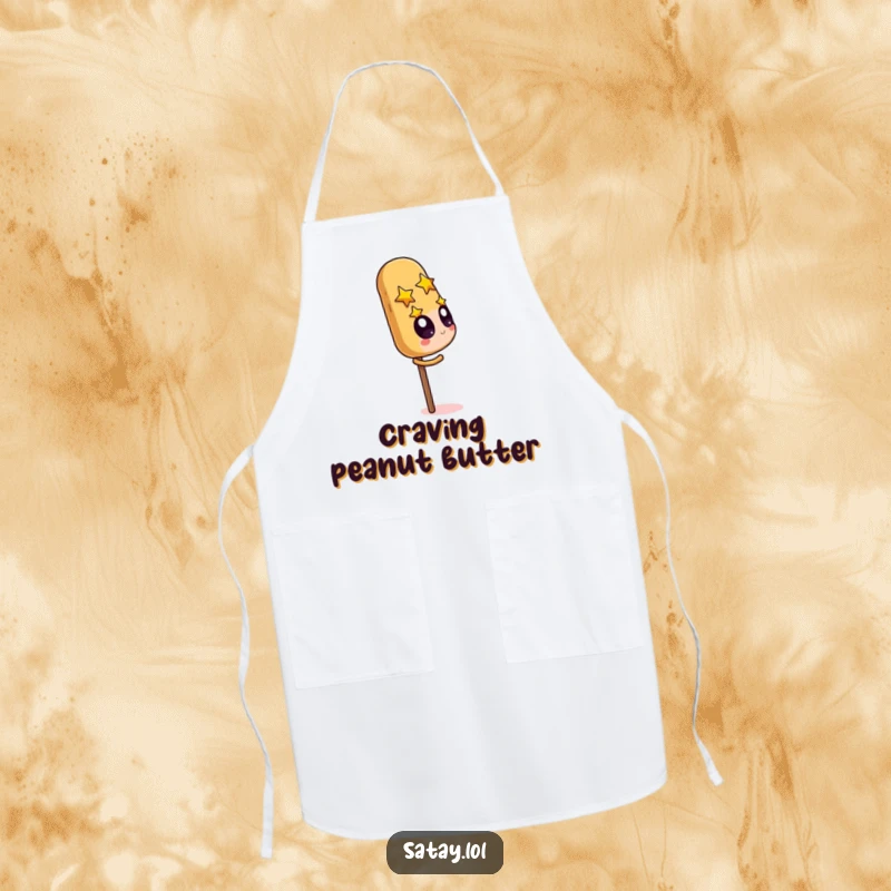 Funny Satay Skewer Apron with a character starry-eyed over a giant peanut, adding humor to cooking tasks.