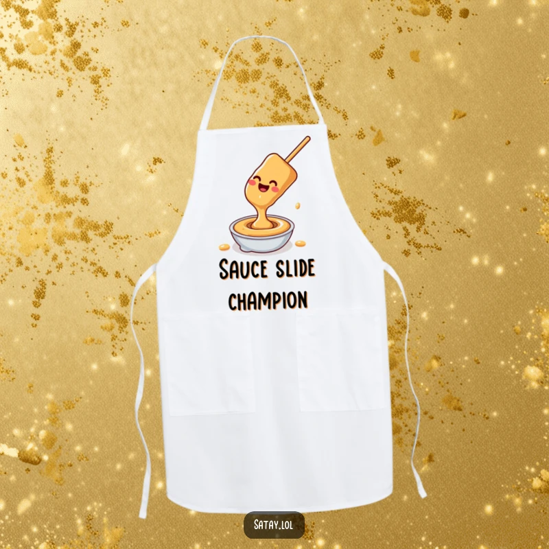 Funny satay skewer peanut sauce apron, a happy skewer sliding down peanut sauce, functional and humorous kitchen wear for sauce lovers.
