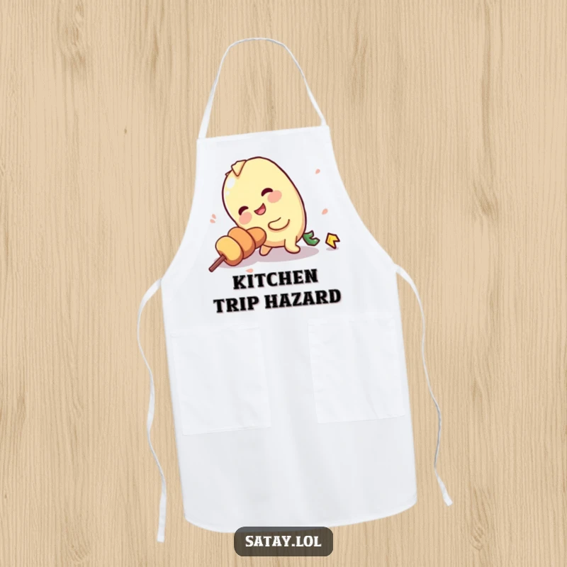 Funny chef apron with a satay skewer character comically tripping over its own stick, great for clumsy cooks.