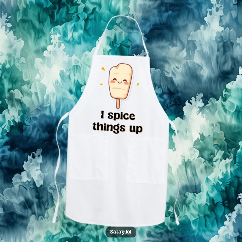 Funny kitchen apron with a cheerful satay skewer grinning and wiggling energetically.