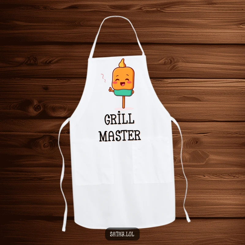 Funny satay apron showing a happy satay skewer character excitedly pointing towards a delicious, irresistible aroma.