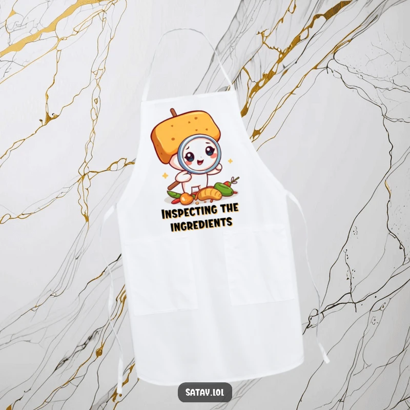 Funny satay skewer detective apron, a skewer using a magnifying glass on spices, a humorous and practical kitchen accessory.