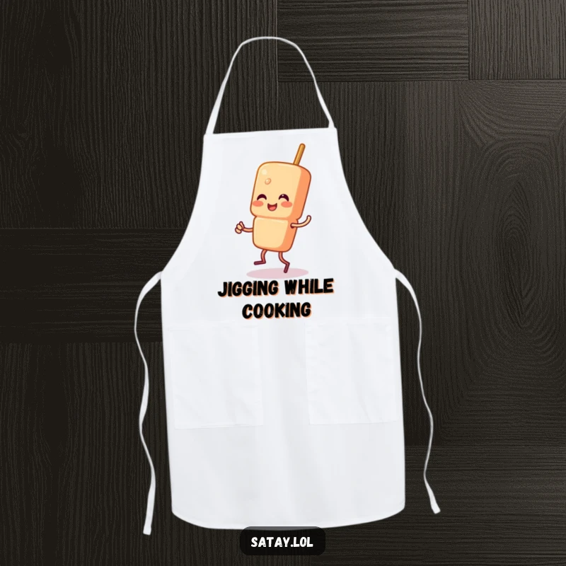 Funny Satay Skewer Apron showing a skewer character doing a happy jig, perfect for adding energy and humor to kitchen activities.