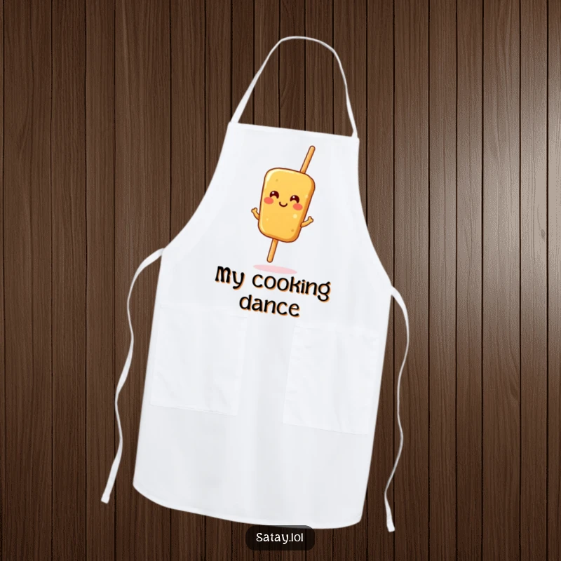 Funny satay skewer apron, a smiling skewer doing a happy jig, kitchen wear for food lovers who enjoy humor.
