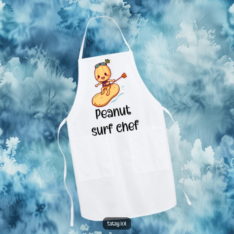 Funny Satay Skewer Apron showing a skewer character surfing a peanut, perfect for adding excitement and humor to kitchen prep.
