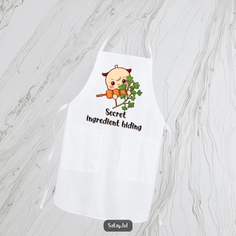 Funny Satay Skewer Apron showing a skewer character peeking from behind a parsley garnish, perfect for adding a touch of playful mystery to cooking.