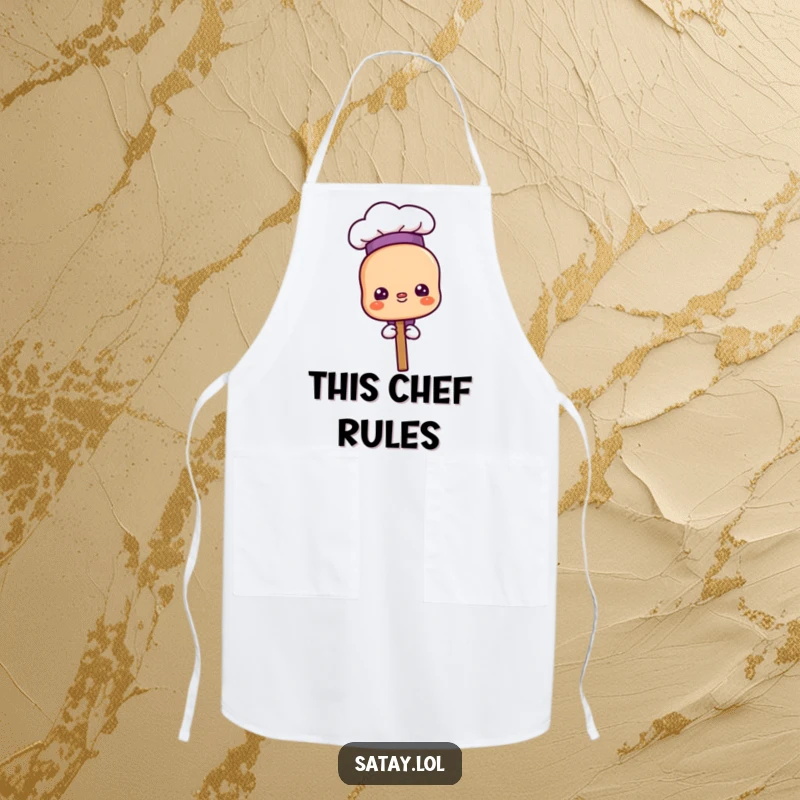 Funny proud chef satay skewer apron, wearing a chef hat and looking proud, ideal for cooking and BBQ.