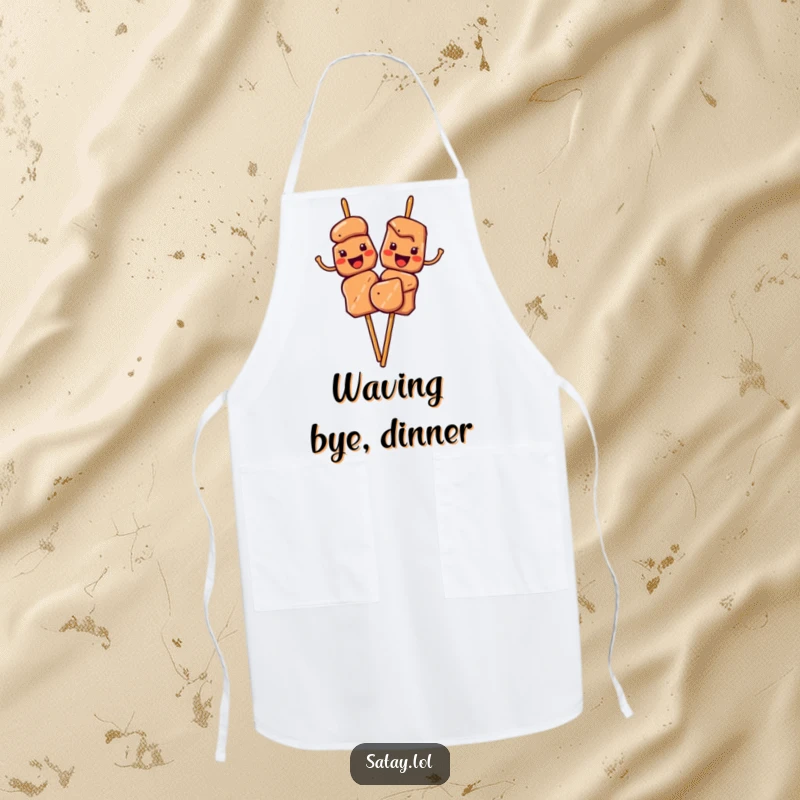 Funny Satay Skewers Apron with characters waving their meat pieces cheerfully, ideal for friendly kitchen activities.