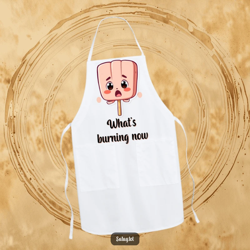 Funny chef apron with a satay skewer character showing extreme surprise with bugging-out eyes.