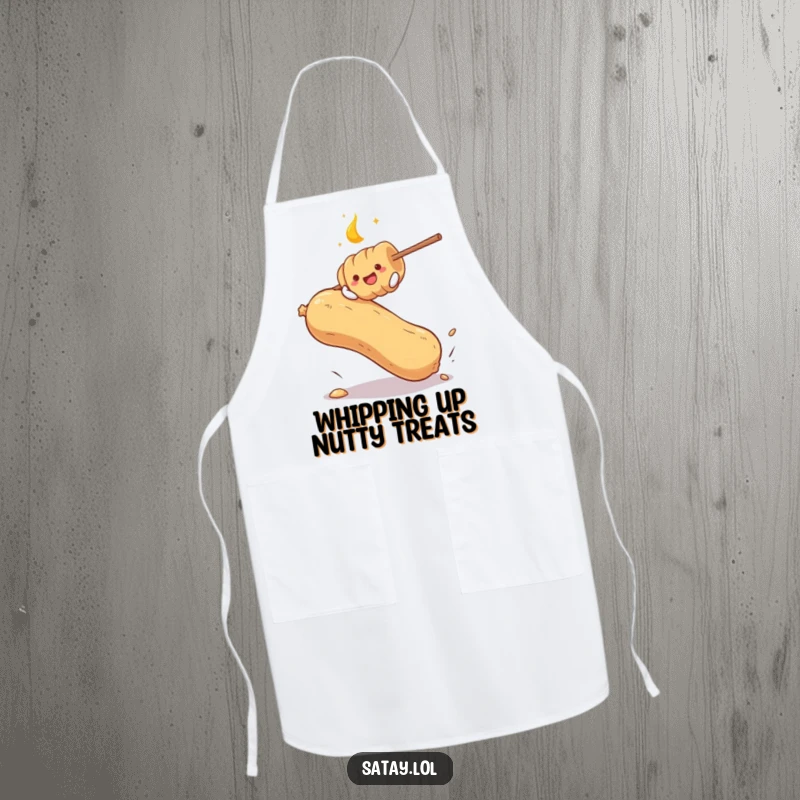 Funny apron illustrating a satay skewer playfully bouncing on a huge peanut, a humorous kitchen accessory for food enthusiasts.