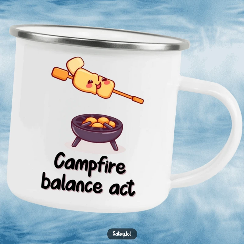 Funny satay skewer grill camping mug, a smiling skewer balancing on a tiny grill, durable and humorous drinkware for adventurers.