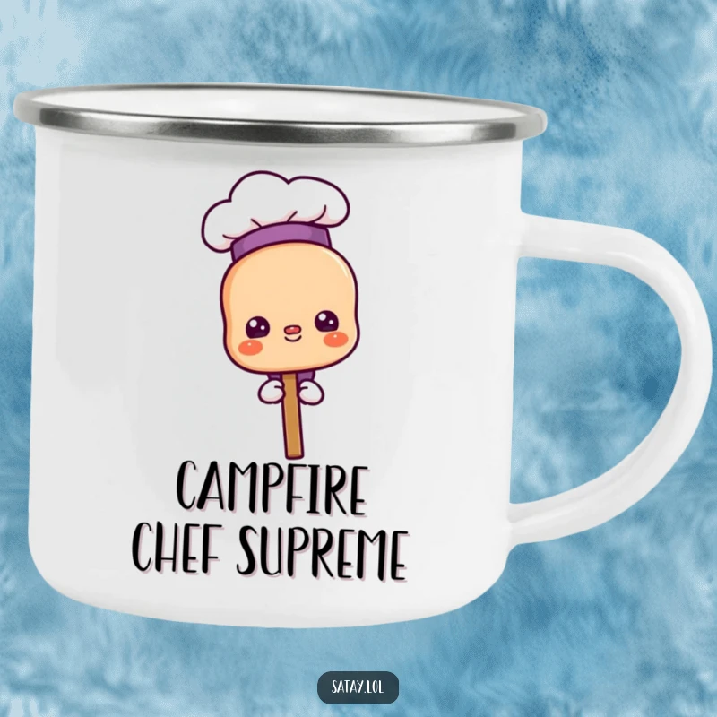 Funny proud chef satay skewer camping mug, wearing a chef hat with a proud look, durable for outdoor use.