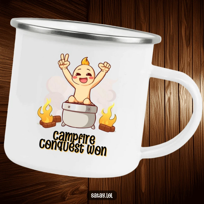 Funny camping mug with a satay character in a triumphant pose on a smoky grill illustration.