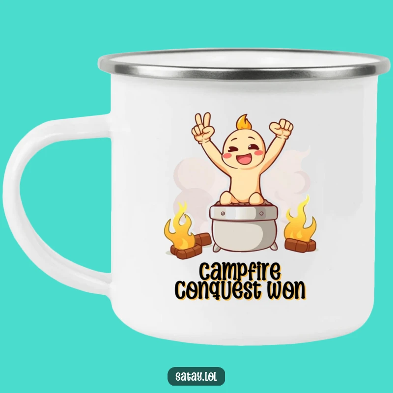 Funny Satay Camping Mug: Grilling Triumph Pose Character, Humorous Outdoor BBQ Gift