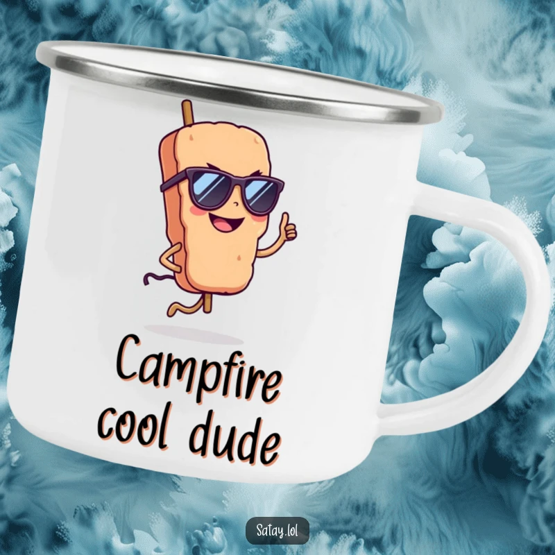 Funny satay skewer wearing sunglasses on a durable camping mug, hopping with a confident grin, perfect for outdoor adventures.