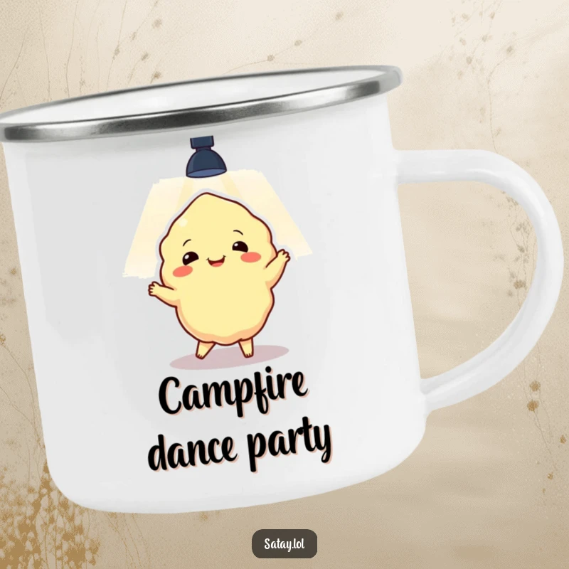 Funny satay character dancing under a spotlight, depicted on a sturdy camping mug, perfect for outdoor enthusiasts.