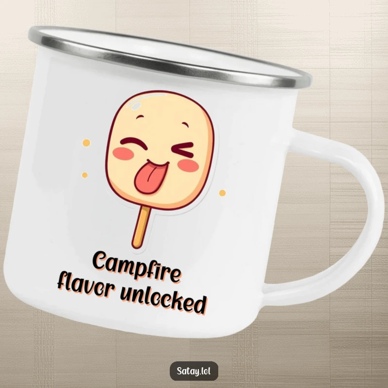 Funny camping mug a winking satay skewer character sticking out its char-marked tongue, perfect for outdoor humor.