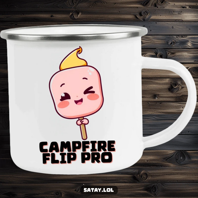 Funny Satay Skewer Camping Mug with a character winking playfully after a successful flip, ideal for confident outdoor enjoyment.