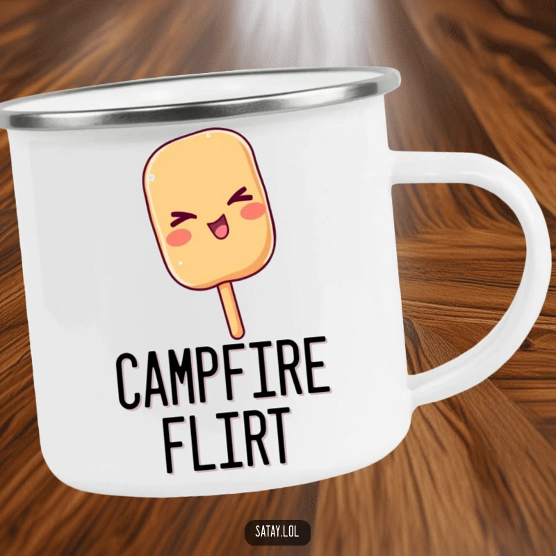 Funny satay skewer giving a playful wink on a sturdy camping mug, ideal for outdoor enthusiasts who enjoy a bit of fun.