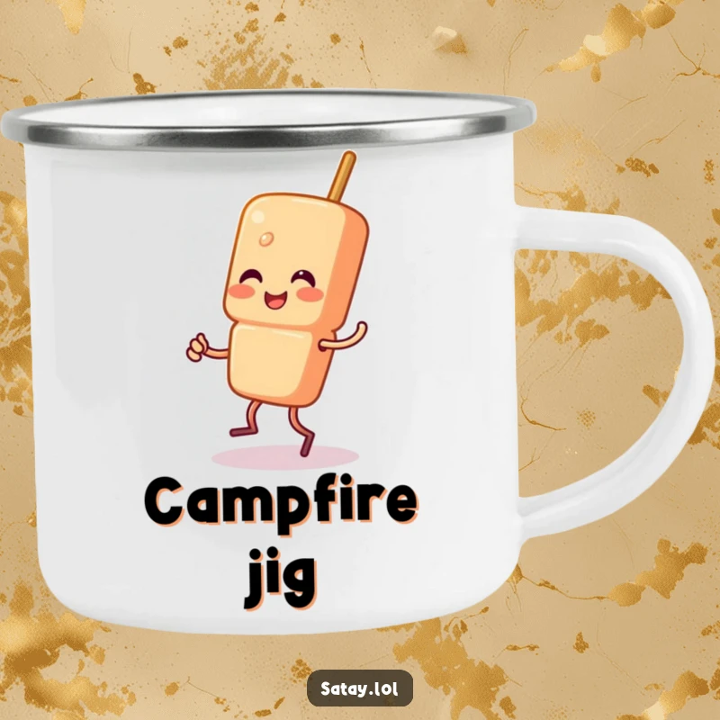 Funny Satay Skewer Camping Mug showing a skewer character doing a happy jig, perfect for bringing cheer and humor to any outdoor adventure.