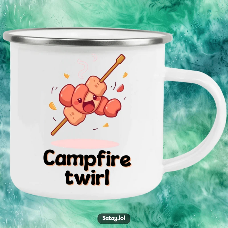 Funny satay skewer dancing camping mug, a skewer doing a silly spin with whirling meat, a humorous and durable outdoor cup.