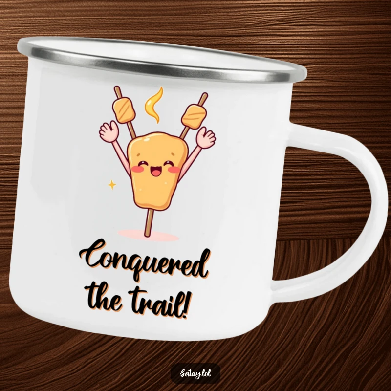 Funny camping mug showing a satay skewer with arms triumphantly raised, celebrating outdoors.