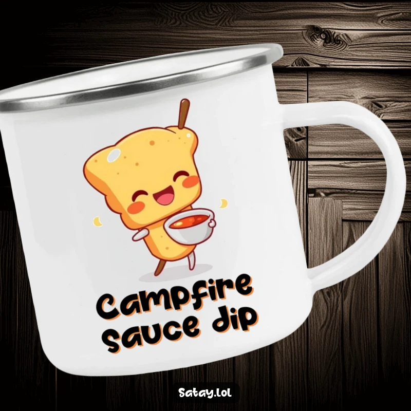 Funny camping mug featuring a happy satay skewer character wiggling with a sauce bowl; perfect for outdoor foodie fun.