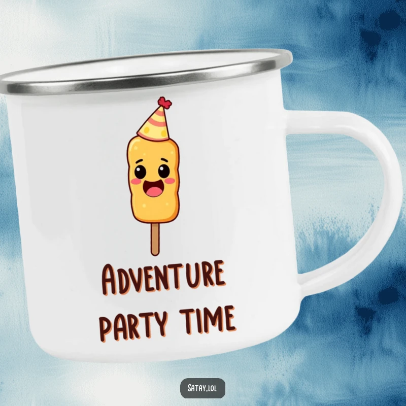 Funny camping mug showing an excited satay skewer wearing a party hat, ready for outdoor festivities.