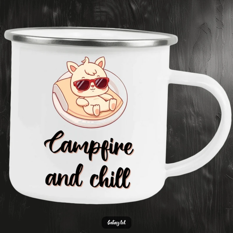 Funny Satay Camping Mug: A durable mug featuring a satay character with tiny sunglasses, ready for humorous outdoor adventures.