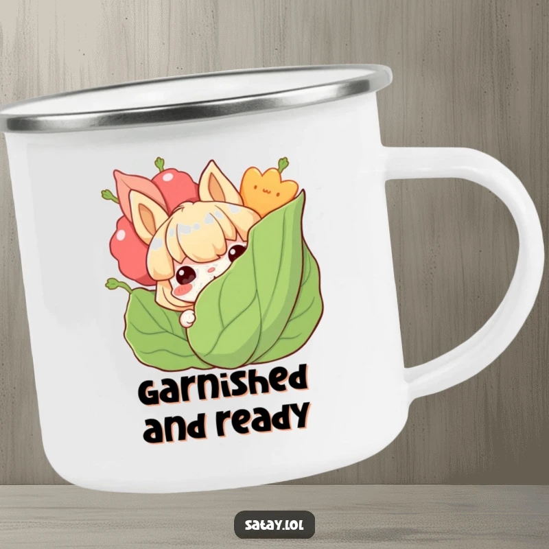 Funny satay camping mug showcasing a grinning satay character peeking from behind a leafy garnish, ideal for outdoor chefs.