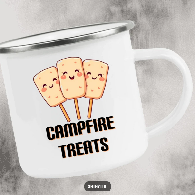 Funny camping mug with a smiling satay skewer winking, perfect for outdoor dining and food lovers.