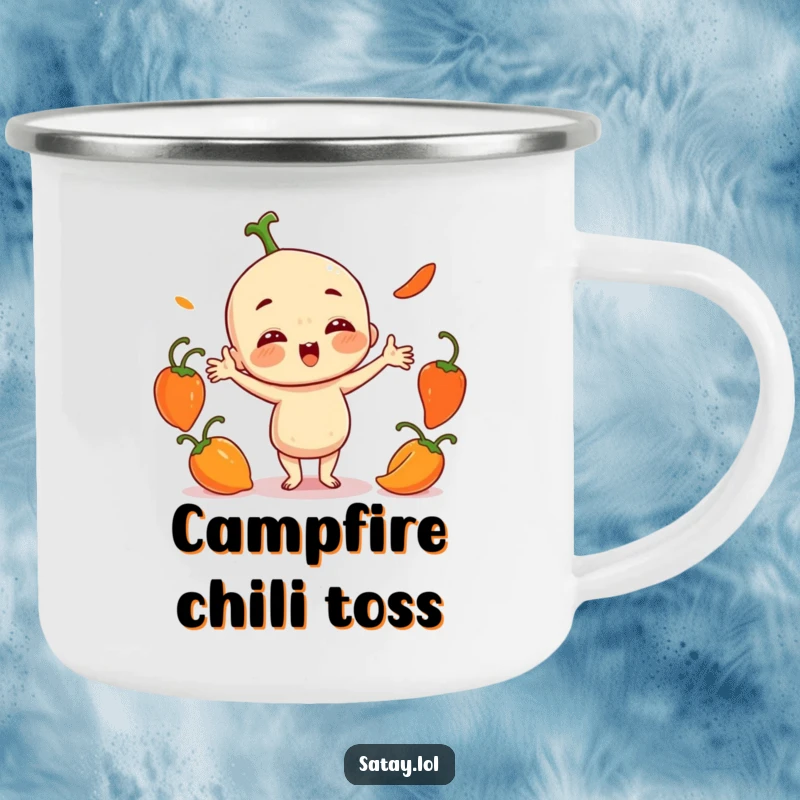 Funny Satay Character Camping Mug: A playful satay juggles three small, round chili peppers, perfect for enjoying drinks outdoors humorously.