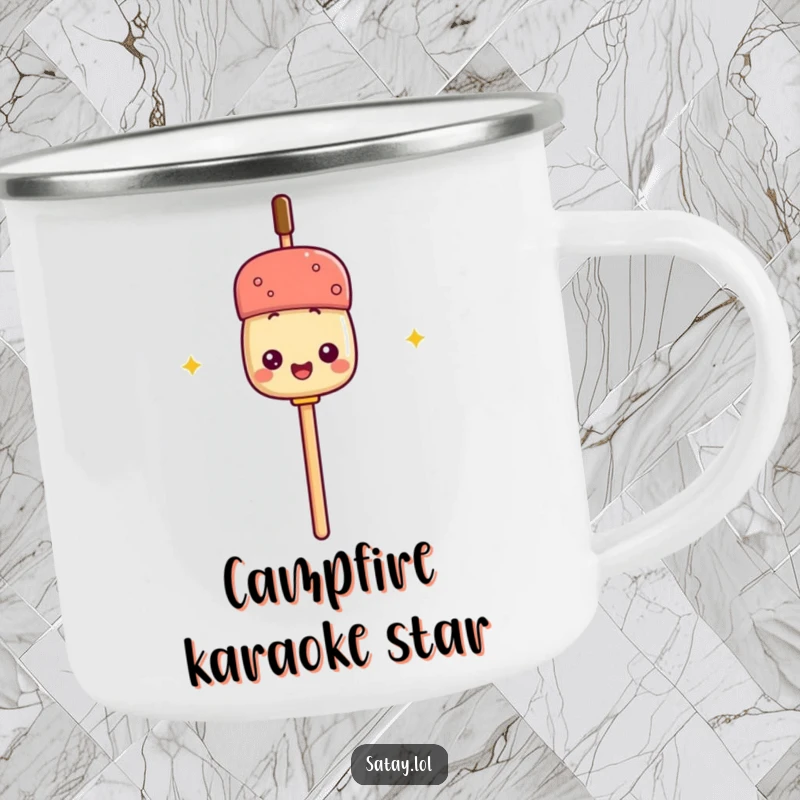 Funny camping mug featuring a satay skewer using its stick as a microphone, designed for outdoor enthusiasts who love to entertain.