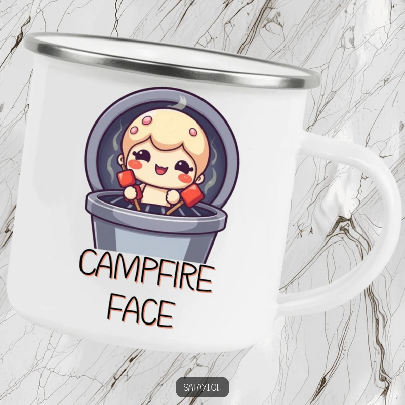 Funny satay skewer character camping mug, peeking from a grill with a funny face, ideal for outdoor adventures and humor.